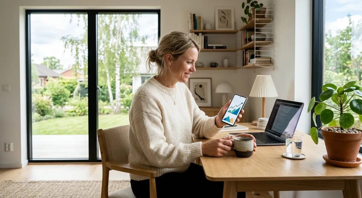 En person der bruger en app til valutaomregning på sin smartphone i et lyst, nordisk indrettet rum.